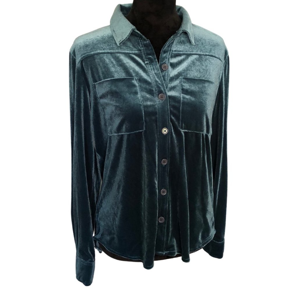 NWT Haoduoyi Women's Teal Velvet Boyfriend Button-Down Shirt - Size Large